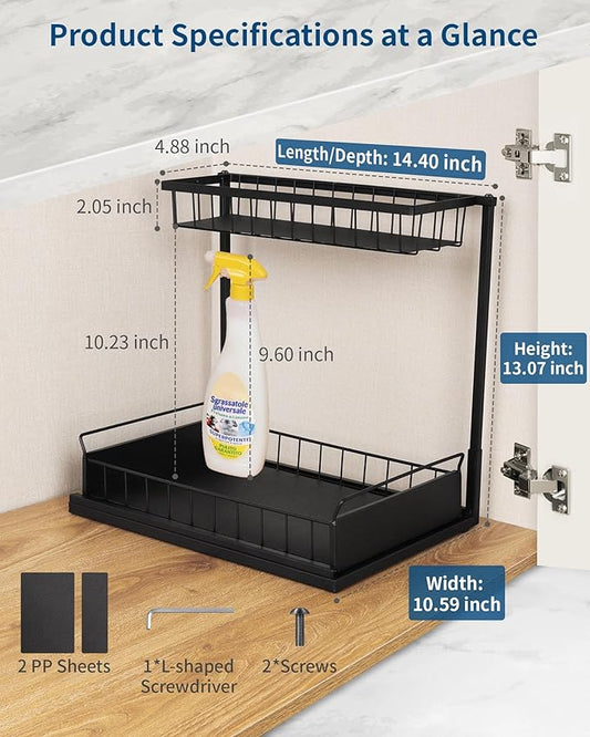 Under Sink Organizer,Metal Pull Out Kitchen Cabinet Organizer with Sliding Drawer,Sturdy Multi-Functional for Bathroom Organization,Black