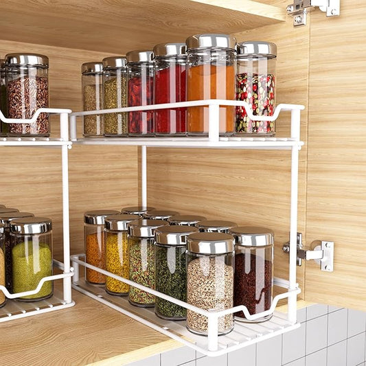 Pull Out Spice Rack Organizer for Cabinet, 2 Tier Slide Out Spice Rack, Sliding Spice Organizer Shelf, White