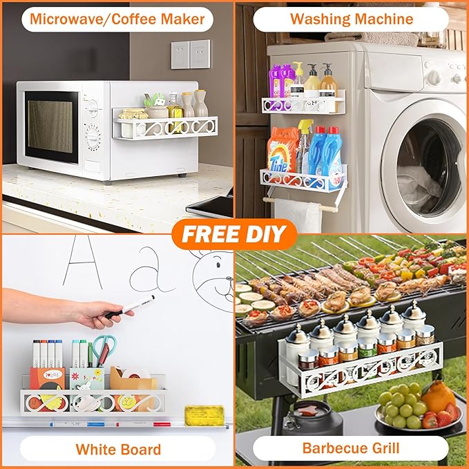 Spice Rack Magnetic for Refrigerator, 3 Pack Magnetic Spice Shelf, Moveable Fridge Organizer with 6 Hook Rack, Magnetic Fridge Seasoning Rack for Kitchen-White