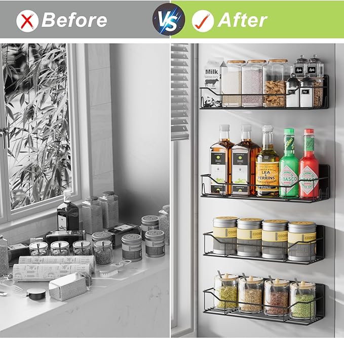 Magnetic Spice Rack for Refrigerator, 4 Pack Metal Strong Magnet Spice Organizer Shelves, Magnetic Fridge Shelf for Kitchen Seasoning Organizer Gadgets, Home Organization and Storage (Black)