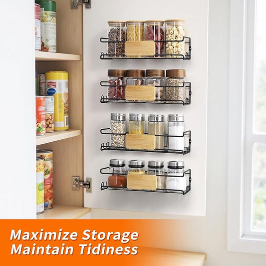 4-Pack Wall Spice Rack - Matte Black Spice Organization for Cabinet with Bamboo Plank - 2 Mounting Options Floating Shelves for Kitchen, Bathroom, Laundry Room, Pantry Organizers and Storage