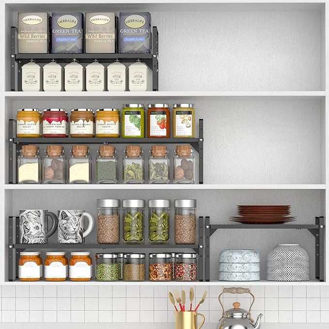Expandable Kitchen Cabinet Shelf Organizers 3 Pack, Stackable Metal Pantry Storage Shelves Rack, Adjustable Counter Spice Shelf for Cabinets, Countertop, Cupboard Organizers and Storage, Black