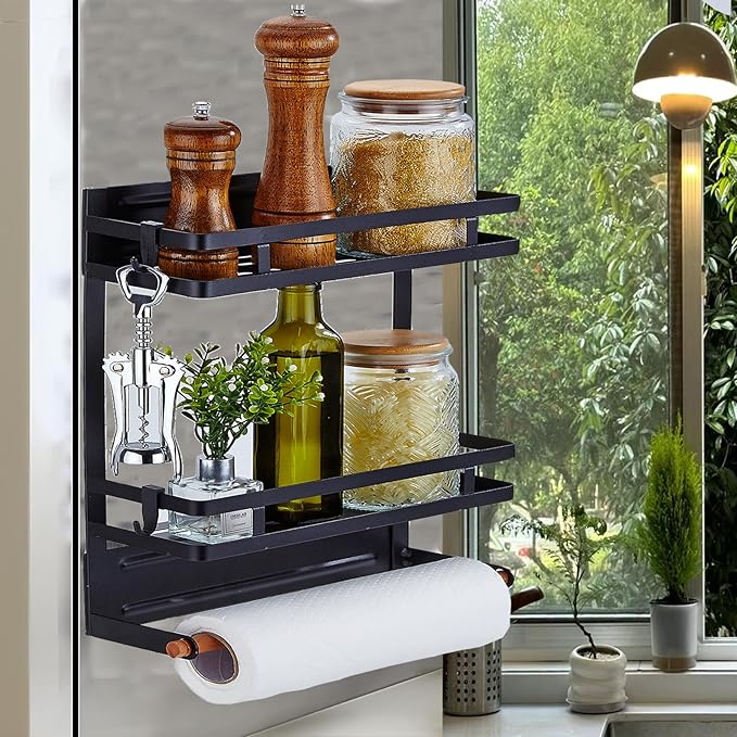 Magnetic Spice Rack for Refrigerator, Magnetic Shelf for Fridge Magnet Organizer Moveable Magnetic Paper Towel Holder with 8 Hooks for Kitchen Oven Space Saving (Black)