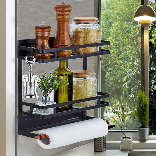Magnetic Spice Rack for Refrigerator, Magnetic Shelf for Fridge Magnet Organizer Moveable Magnetic Paper Towel Holder with 8 Hooks for Kitchen Oven Space Saving (Black)