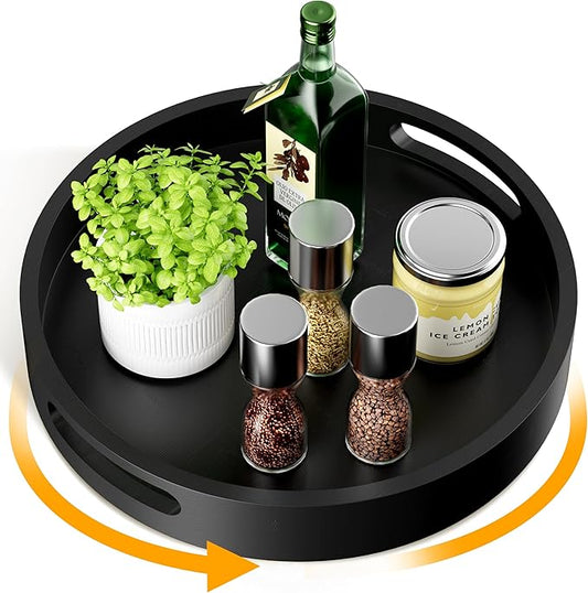 Lazy Susan Organizer Homerays 13 Inch Non-Skid Bamboo Lazy Susan for Kitchen Rotating Spice Rack with Handles, Wood Turntable for Kitchen Cabinet,Countertop (Black, Large)
