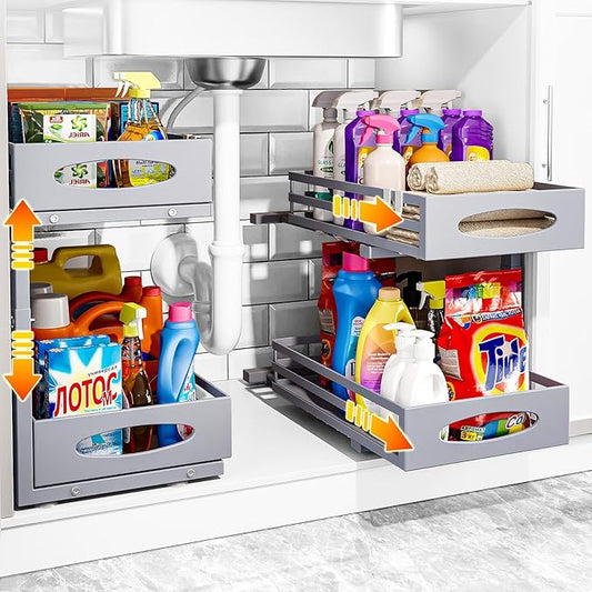 Under Sink Organizers and Storage, Pull Out Kitchen Cabinet Organizer, 2 Tier Slide Out Steel Under Sink Storage Shelf for Kitchen Pantry Bathroom (Grey, 2Pack)