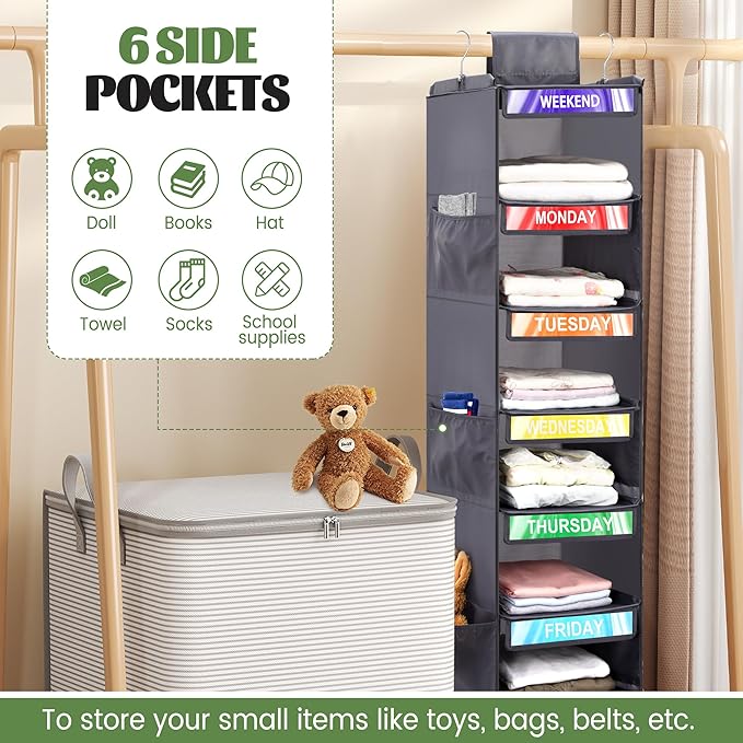 2 Pack 6-Shelf Weekly Clothes Organizer for Kids, Hanging Daily Closet Organization with 6 Side Pockets, Days of The Week Clothing Divider Storage for Boys and Girls (Grey)