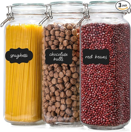 VITEVER [ Taller ] 92oz Glass Jars with Airtight Lid, Large Glass Food Storage Jars, 3 Pack Wide Mouth Airtight Glass Jars for Kitchen Pantry Spaghetti, Square Mason Jars with Labels