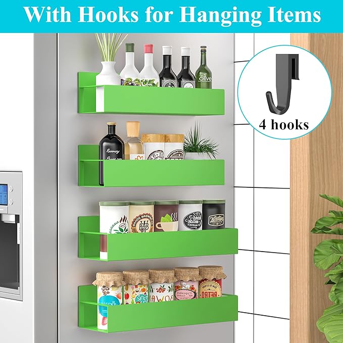 4 Pack Magnetic Spice Storage Rack Organizer for Refrigerator and Oven, Green Fridge Organizers and Storage