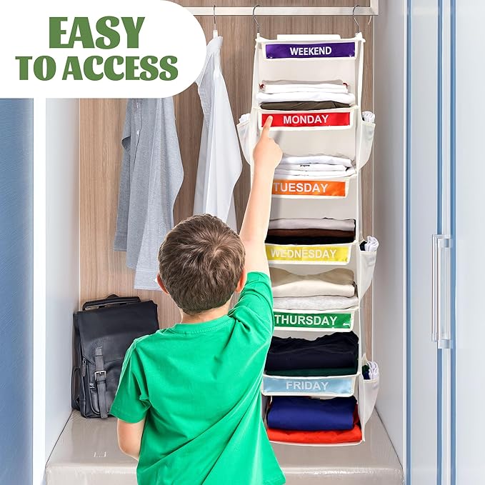 2 Pack 6-Shelf Weekly Clothes Organizer for Kids, Hanging Daily Closet Organization with 6 Side Pockets, Days of The Week Clothing Divider Storage for Boys and Girls (White)