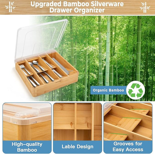 Bamboo Kitchen Drawer Organizer, Silverware Utensil Tray Holder, Extra Deep Grooved Drawer Divider, 7 Slots Total Bamboo Wood Caddy for Flatware Cutlery Knives, Forks, Spoons Eco-Friendly