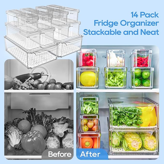 14 Pack Fridge Organizers, Refrigerator Organizer Bins with Lids, BPA Free Stackable Fruit Storage Containers for Fridge, Vegetables, Food and Drinks