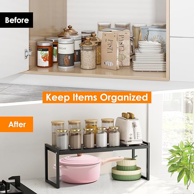 DOLALIKE Expandable kitchen Countertop Organizer, Stackable Cabinet Shelf Organizers, Space Saving Spice Rack Pantry Storage for Bathroom Office (Black, 1 Pack)