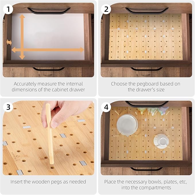 Peg Board Drawer Organizer for Kitchen (24*21 inch) | Kitchen Drawer Organizers for Dishes Plates Bowls Condiment Spice | Pegboard Organizer for Cabinet RV Storage