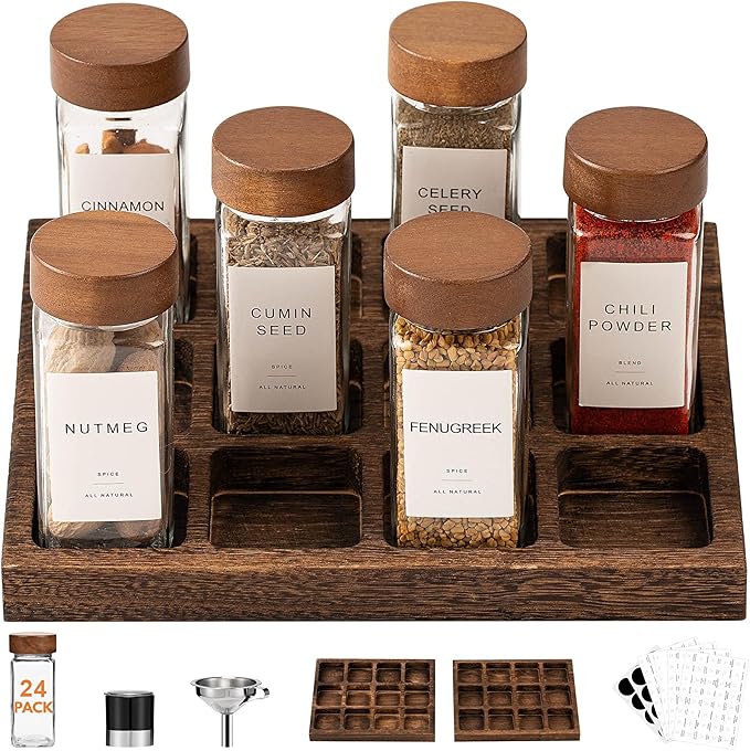 Yangbaga Glass Spice Jars with Labels: 24p 4oz Wide Mouth Square Bottle and 2 Rack w/Pepper Grinder&Funnel - Airtight Lid & Dishwasher Safe - Kitchen Pantry Daily Use - Gift for Newlyweds/Households