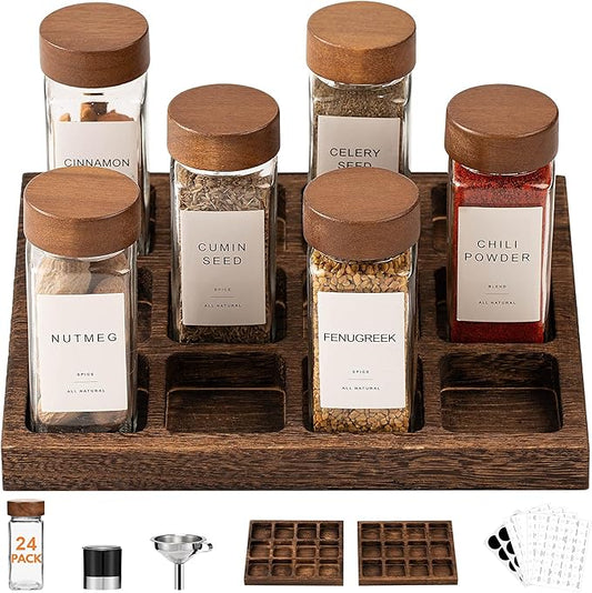 Yangbaga Glass Spice Jars with Labels: 24p 4oz Wide Mouth Square Bottle and 2 Rack w/Pepper Grinder&Funnel - Airtight Lid & Dishwasher Safe - Kitchen Pantry Daily Use - Gift for Newlyweds/Households