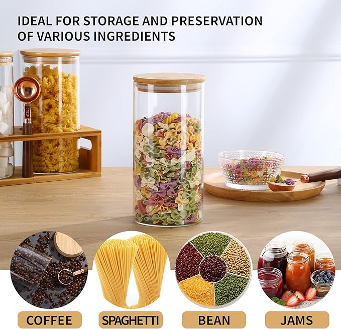 ZOMUIA Glass Coffee Containers Airtight Coffee Bean Storage Canisters with Shelf, 3Pcs 44oz Coffee Station Organizer, Kitchen Food Storage Jars for Sugar, Candy, Oats, Nuts