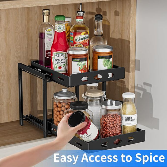 Pull Out Spice Rack Organizer, 2-Tier Vertical Spice Rack, Height Adjustable for Kitchen Cabinet (9.7''Wx10.8''Dx9.2''H, Metal Black)