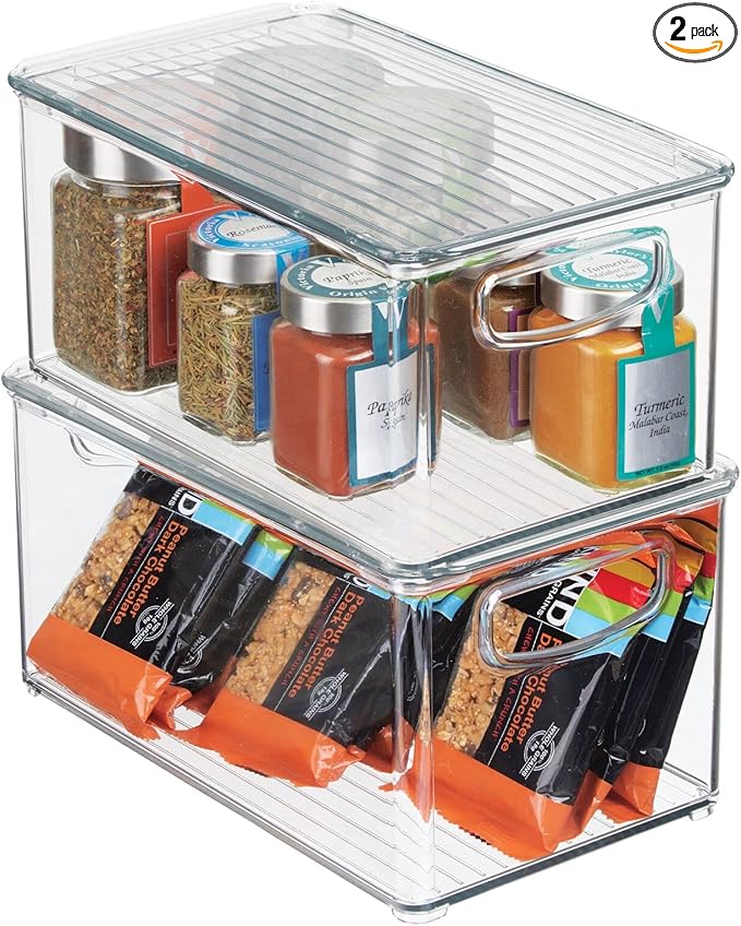 mDesign Plastic Deep Storage Bin Box Container with Lid and Built-In Handles - Organization for Fruit, Snacks, or Food in Kitchen Pantry, Cabinet, or Cupboard, Ligne Collection, 2 Pack, Clear