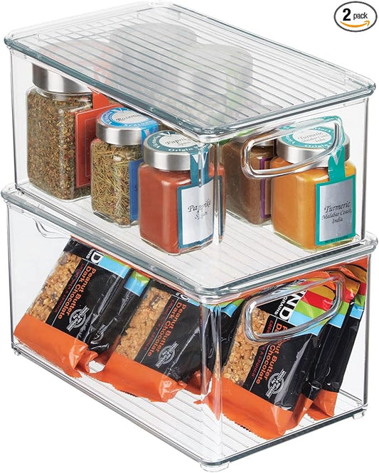 mDesign Plastic Deep Storage Bin Box Container with Lid and Built-In Handles - Organization for Fruit, Snacks, or Food in Kitchen Pantry, Cabinet, or Cupboard, Ligne Collection, 2 Pack, Clear