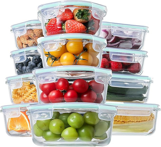 HOMBERKING 24pc Glass Food Storage Containers with Lids, Glass Meal Prep Containers, Airtight Glass Bento Boxes, BPA Free & Leak Proof, Pantry Kitchen Storage(12 lids & 12 Containers) - Blue