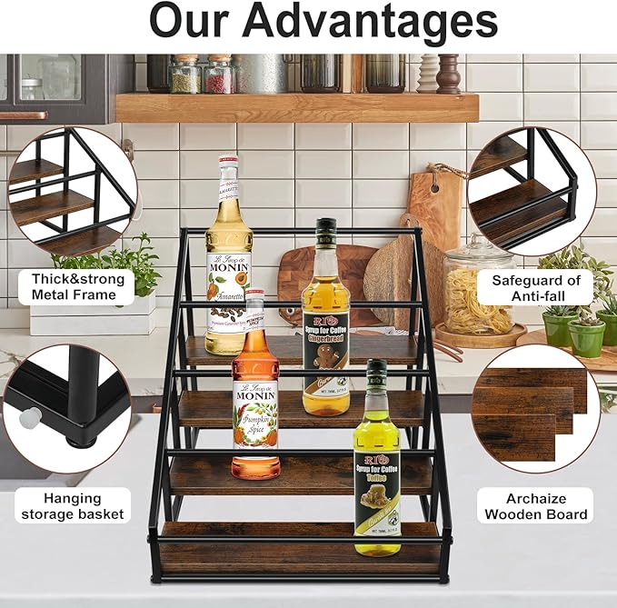 Coffee Syrup Rack Organizer,Liquor Bottle Display Shelf,Water cup display stand,Spice Rack Kitchen Cabinet Organizer,Rustic Brown,2 Packs 4 Tier 16 Bottle Coffee Syrup Holder