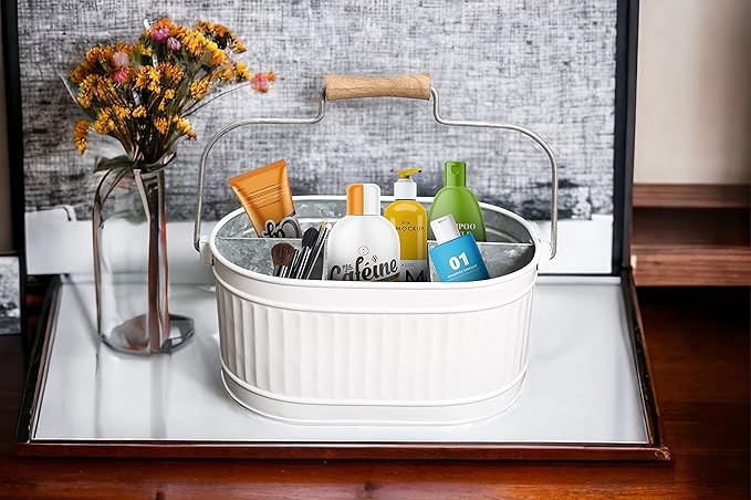 CLEENTABLE 4-Compartment Rustic Farmhouse Utensil Caddy with Removable Handle – Powder-Coated Steel Kitchen Organizer for Parties, Tailgates & Home (12" x 7.5" x 5.5", Snowy White/Grey)