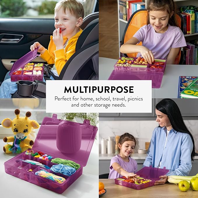 Large Kids Snack Box Containers Set of 2 -100 Labels, BPA-Free, Adjustable Compartments, Dishwasher Safe, Reusable Tray, Food Grade, Meal Prep Container, PARENT TESTED PARENT APPROVED AWARD (Purple)