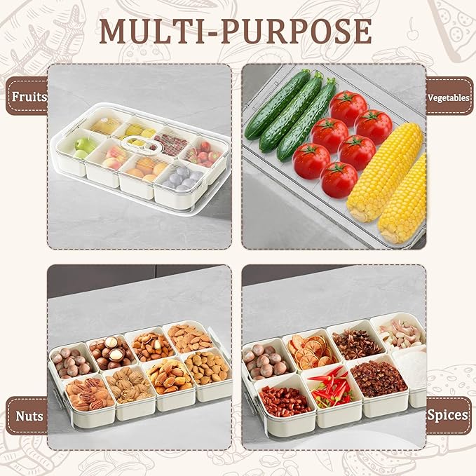 Snack Box Containers, Divided Serving Snack Tray with Lid - Double layered Stackable Snackle Platters with Bag, 8 Compartment for Snacks, Candy, Fruits, Nuts, Veggie for Fridge, White Large Organizer.