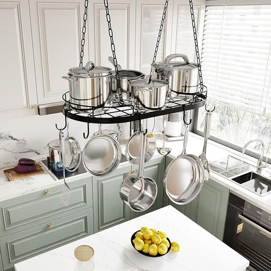 24.4” Metal Pot Rack Hanging, Oval Pan Rack Hanging with Hooks, Heavy Duty Ceiling Pot Rack with Grid, Pot and Pan Hangers for Kitchen Cookware Utensils Toiletries, Easy Assembly, Black