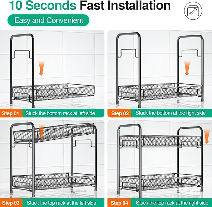 Spice Rack Organizer for Countertop,Xpatee 2-Tier Foldable Metal Rust-Proof Standing Large Seasoning Storage Shelf with Guardrail and Mesh Design for Kitchen Cabinet Bathroom Living Room Pantry, Black