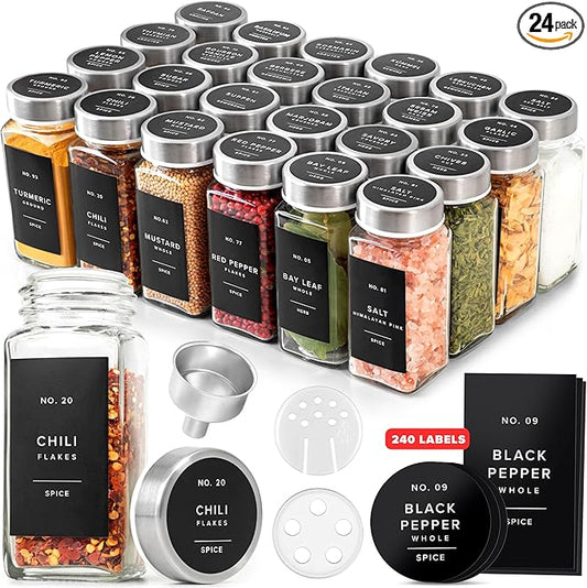 Glass Spice Jars with Label and Stainless Steel Lids (24 x 4oz) Spice Containers with 240 Labels, Shaker Inserts, Steel Funnel, Empty Square Empty Square Seasoning Organizer (Silver)