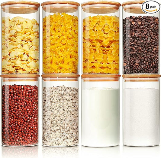 Glass Jars with Bamboo Lids 30 floz [Set of 8], Glass Canisters with Airtight Lids, Glass Food Storage Containers for Pasta, Oats, Coffee, Flour, Sugar, Rice, Best for Kitchen & Pantry