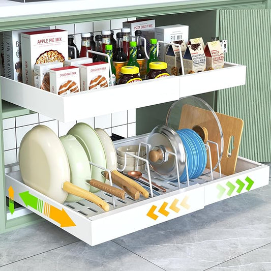 2 Pack Pull Out Cabinet Organizer,21" Deep,Expandable Compatible Framed Cabinet Slide Out Organizers,With Adhesive Nano Film And 6pcs Divider Racks Pull Out Drawers For Kitchen Cabinets