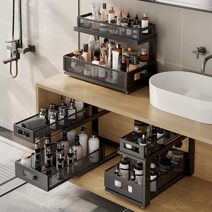 2 Pack 18.5IN-Depth Under Sink Organizer With Next-Gen Ball-Bearing Slides,2-Tier Pull Out Cabinet Storage,Height Adjustable Drawer Shelf for Bathroom,Kitchen,Laundry,Cabinet,Pantry-Black
