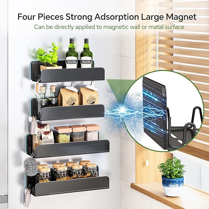 Magnetic Spice Rack for Refrigerator, Magnetic Shelf Fridge Spice Rack Organizer 2 Pack with 8 Hooks, Moveable Strong Magnetic Seasoning Organizer and Shelf for Kitchen Refrigerator Microwave