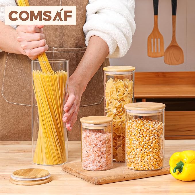 ComSaf Glass Food Storage Jars Set of 6, Clear Glass Storage Containers with Lids, Canisters Sets for the kitchen, Spaghetti, Pasta, Flour, Nuts, Oat, Coffee and Sugar Container, Pantry Organization