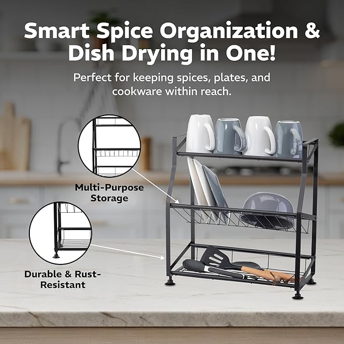 Epsilon 3-Tier Spice Rack and Dish Rack – Vertical Seasoning Organizer with Kitchen Shelf Storage for Efficient Spice Organization & Countertop Dish Drying