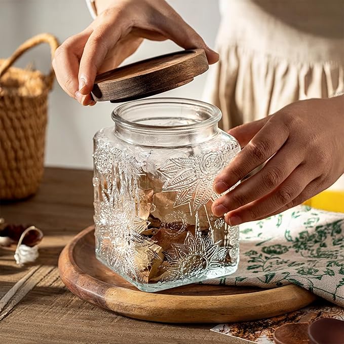 Glass Storage Jars With Airtight Lid, 23.7oz Container For Kitchen Counter with Wood Lid, brown sugar, candy, coffee, cookie, salt, tea, cute Jar (Square Sunflower)