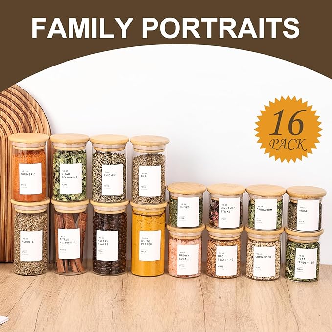 16Pcs Round Glass Spice Jars with Bamboo Lids, include 4oz, 6oz, 8oz, 10oz Empty Containers With 340 Spice Labels Preprinted of White and Black Color, Spice Bottles for Seasoning Organizer