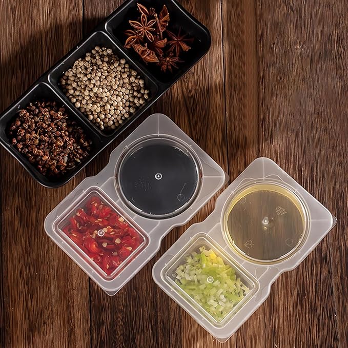 7-Pack Reusable Double Compartment Condiment Containers with Lids - Leak-Proof 2-Section Disposable Snack Cups for Sauce, Dips, Sampling & Travel Portions