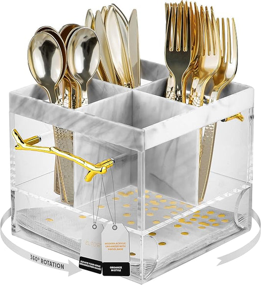 ELTOW Utensil Holder for Party, Silverware Caddy with Handle, Swivel, Lucite Acrylic Organizer for Spoons, Forks, Knives, Napkins, Elegant Cutlery Utensil Caddy