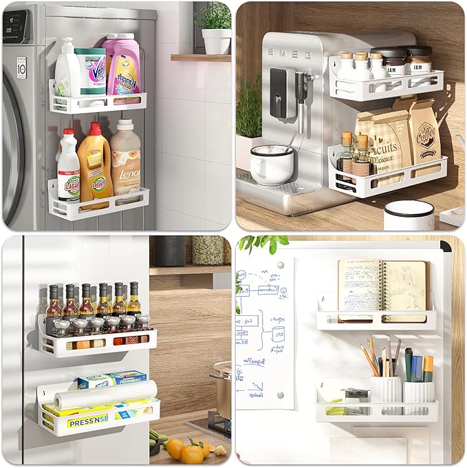 Magnetic Spice Rack for Refrigerator, 4 Pack Premium Plastic Spice Rack Organizer,Magnetic Fridge Shelf Seasoning Rack,Perfect Kitchen Organization and Storage (White)