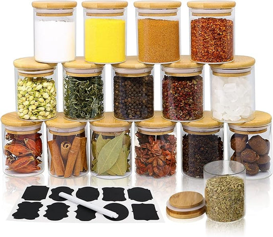 6.5 oz Glass Spice Jar with Bamboo Airtight Lids and Labels, Small Glass Food Storage Containers for Kitchen Pantry Organization Spices Tea Coffee Candy Herbs（16 Pack）