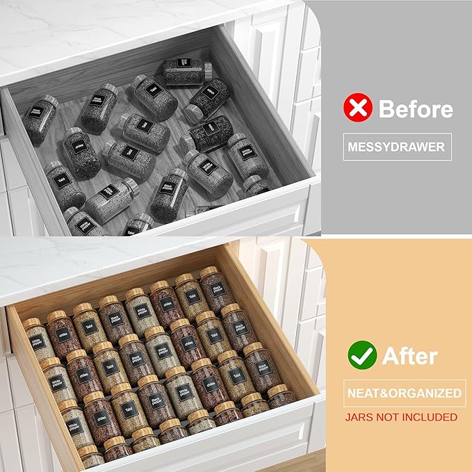 Spice Drawer Organizer Black (Jars Not Included) - 5 Tier Acrylic Seasoning Drawer Organizer - Kitchen Spice Rack for Drawer, Cabinet, Countertop - Expandable From 9'' to17.5 In''