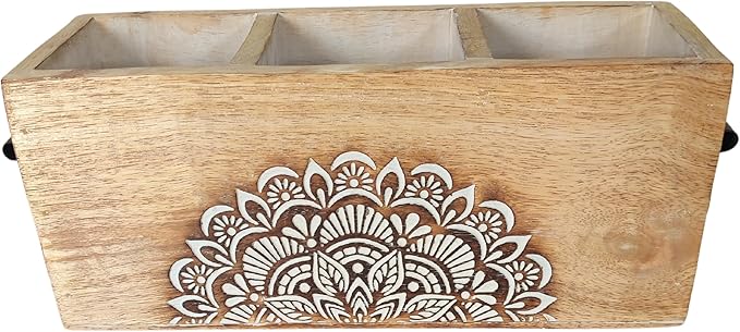 VANIYA CRAFTSR® Handmade Wooden Carved Design Compartments Cutlery Utensil Holder For Napkins, Spoons, Forks, Tissues, Knife (Natural White Finish)