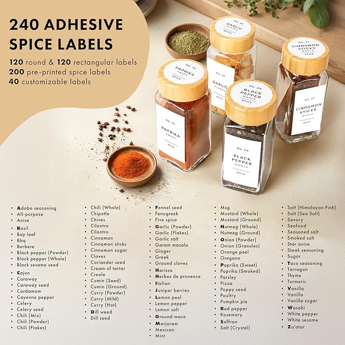 EDELHAUS® Glass Spice Jars with Bamboo Lids (24 x 4oz) Spice Containers with 240 Labels, Steel Funnel, Empty Square Seasoning Organizer for Spice Rack, Cabinet, Drawer [4.3 in × 1.8 in]