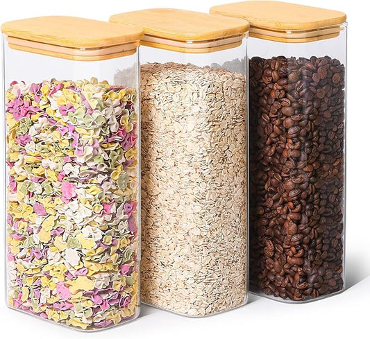 ComSaf 63oz Rectangle Glass Storage Containers with Lids, Glass Jars with Bamboo Lids, Clear Food Jar, Square Canister Set of 3, Pantry Organizers and Storage for Flour Pasta Coffee Bean