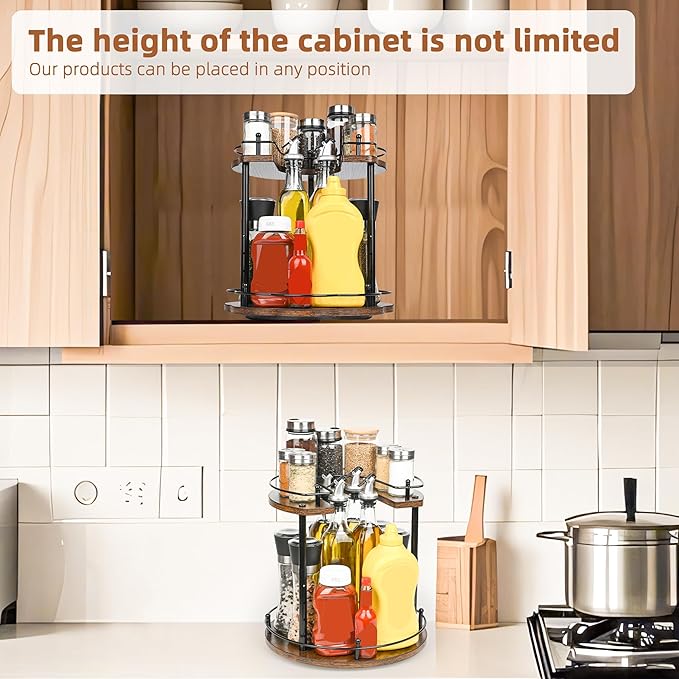 Adjustable 2-Tier Lazy Susan Spice Rack Organizer - Wooden Rotating Turntable for Kitchen Cabinet, Countertop, Pantry Storage, 360° Spice Carousel with Non-Slip Base, Easy Clean Home Decor