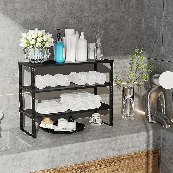 Expandable Cabinet Shelf Organizer Storage Spice Rack Shelves for Kitchen Stackable Adjustable Pantry Cupboard Bathroom Countertop Desktop(1Pack/Black/Large)